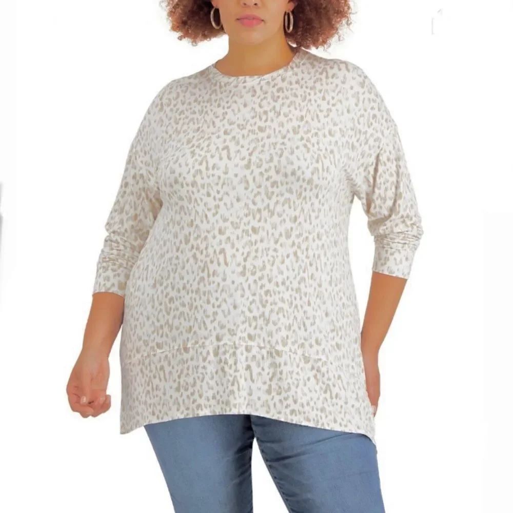 NWT INC 2X Plus Size Beige Tan White Animal Print Cheetah Super Stretchy Tunic